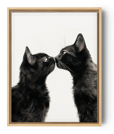 Zwei schwarze Katzen stehen einander gegenüber, ihre Schnauzen berühren sich beinahe, in einer Schwarz-Weiß-Zeichnung voller Intimität und Emotion.