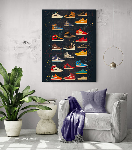 Salon contemporain orné d'un tableau artistique de chaussures Nike, idéal pour les amateurs de mode.