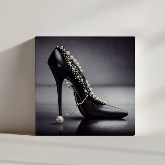 Monochrome high heel canvas art close-up – glam stiletto embellished with rhinestones and pearls, celebrating feminine power