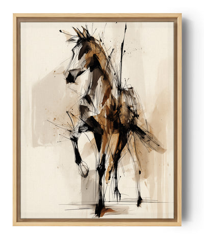 Tableau cheval abstrait aux coups de pinceau expressifs noir beige ocre style moderne