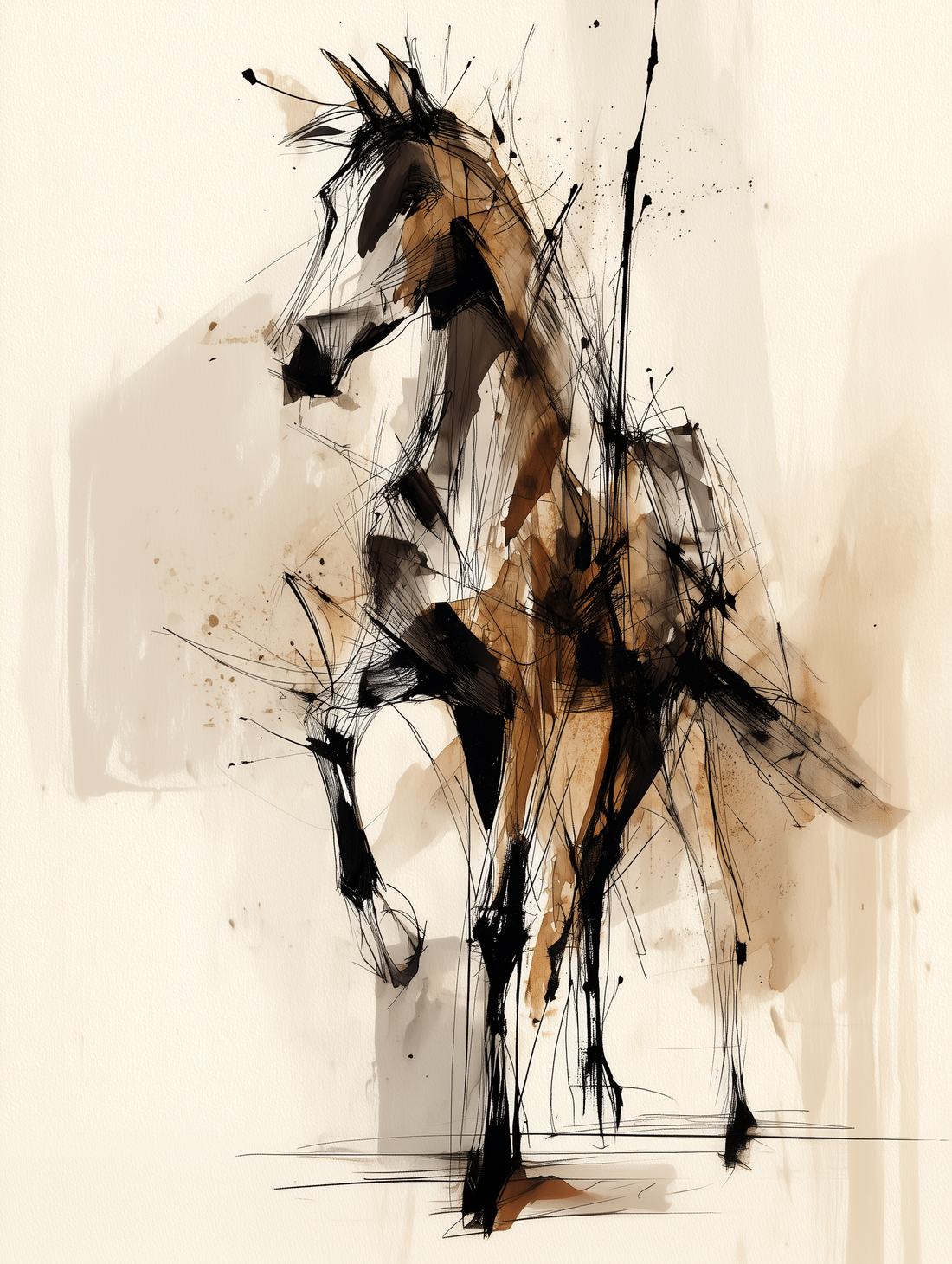 Modern Black and Beige Abstract Horse Canvas Wall Art