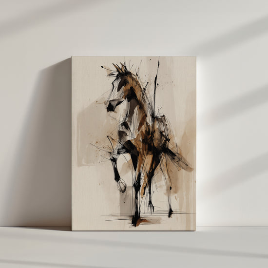 Black and beige abstract horse painting in a bright minimalist interior