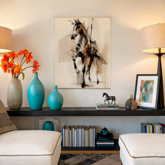 Minimalist modern living room wall art — abstract horse in black, beige, and ochre