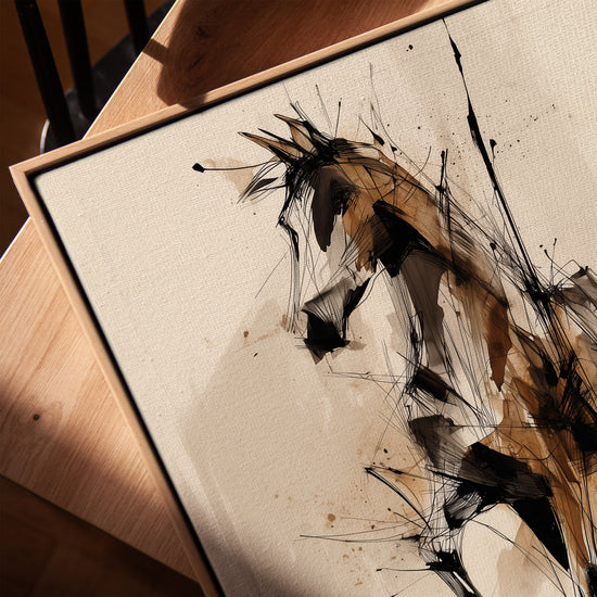 Abstract horse wall art with expressive black and beige brushstrokes, oak frame