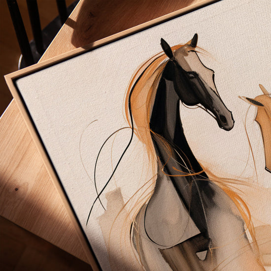 Black and gold abstract horse canvas wall art for a minimalist office