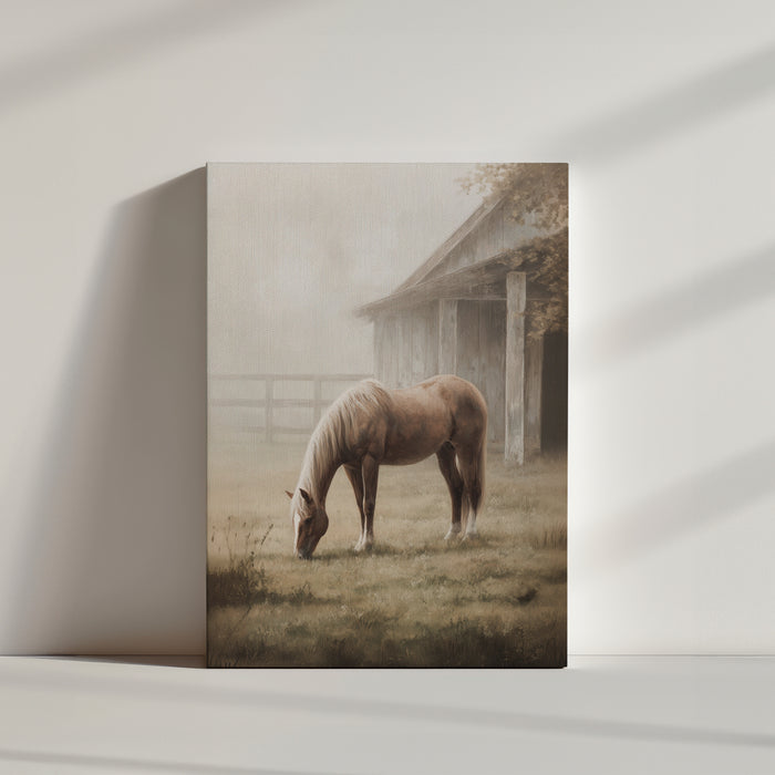 Palomino horse grazing by a wooden barn – peaceful farmhouse country scene