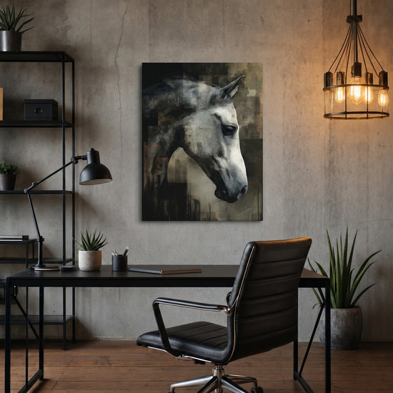 Tableau cheval blanc abstrait texturé tons gris et ocre décoration murale salon moderne