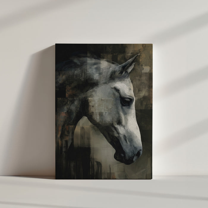 Tableau cheval blanc effet abstrait texturé ambiance minimaliste salon épuré mur blanc