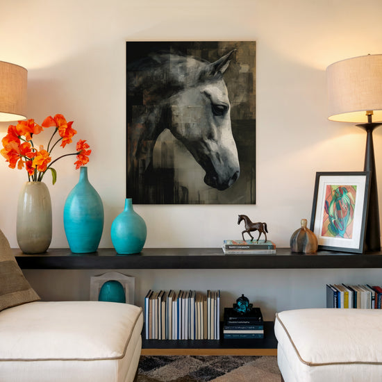 Tableau cheval blanc effet abstrait texturé décoration murale salon minimaliste tons gris ocre