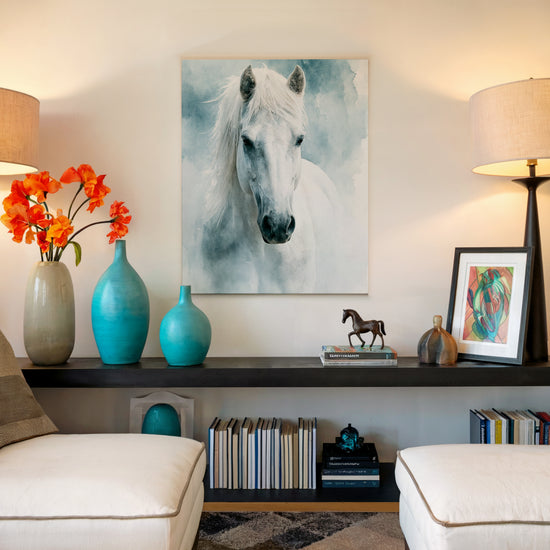 Tableau cheval blanc aquarelle bleu clair décoration murale salon minimaliste zen