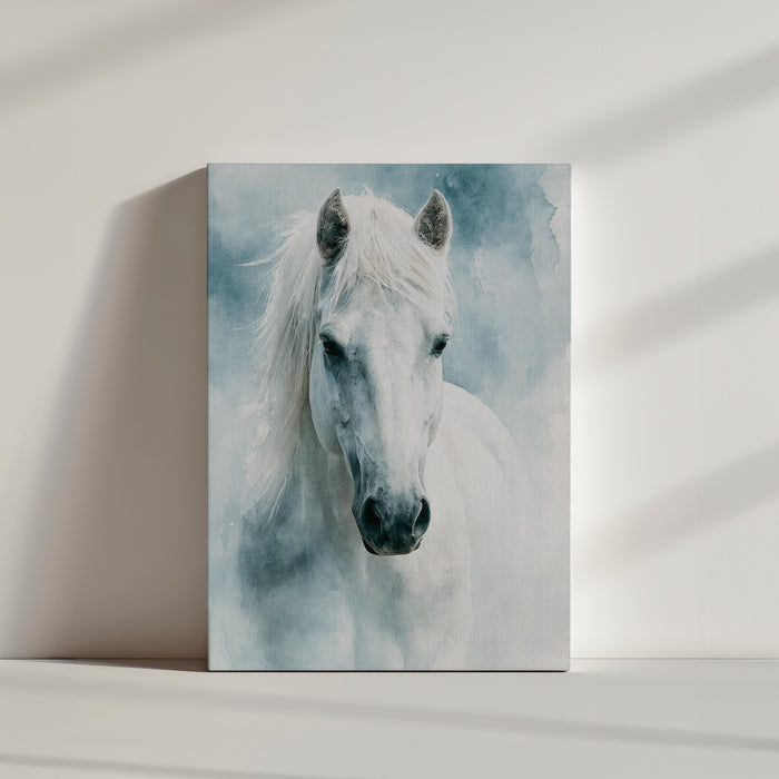 Tableau cheval blanc aquarelle fond bleu élégant présentation toile décorative murale