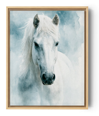 Cuadro caballo blanco acuarela fondo azul claro estilo artístico realista elegante