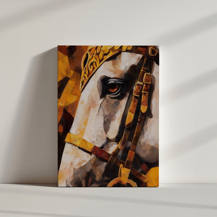 Artistic white horse portrait with a gold bridle in a captivating impressionist style