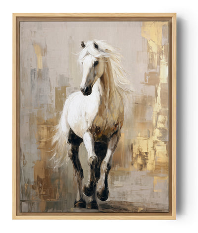 Tableau cheval blanc en mouvement crinière au vent, peinture abstraite tons beiges et dorés