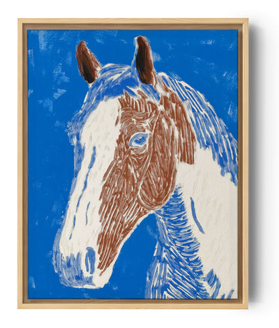Cuadro caballo blanco y marrón sobre fondo azul vivo estilo expresionista trazos texturizados
