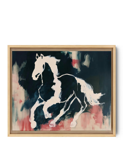 Dramatic white horse painting in motion on blue and pink abstract backdrop, contemporary canvas art