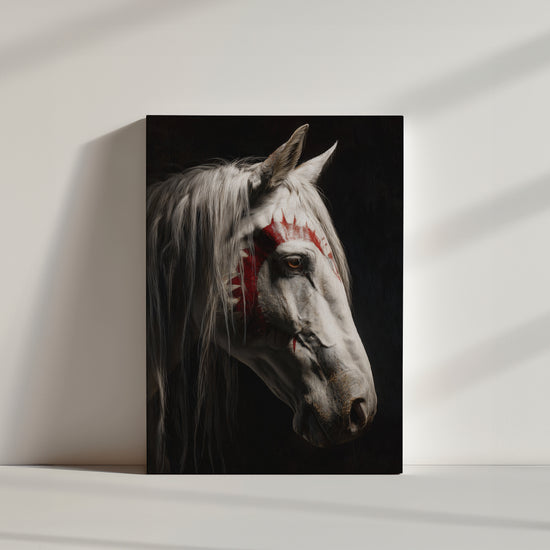 Portrait d'un cheval blanc avec des marques rouges, style réaliste, ambiance mystique