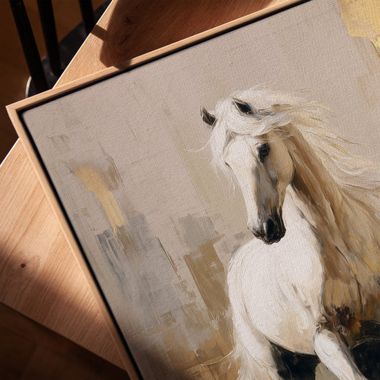 White horse in motion art — beige and gold tones styled in an elegant living room with a golden oak frame