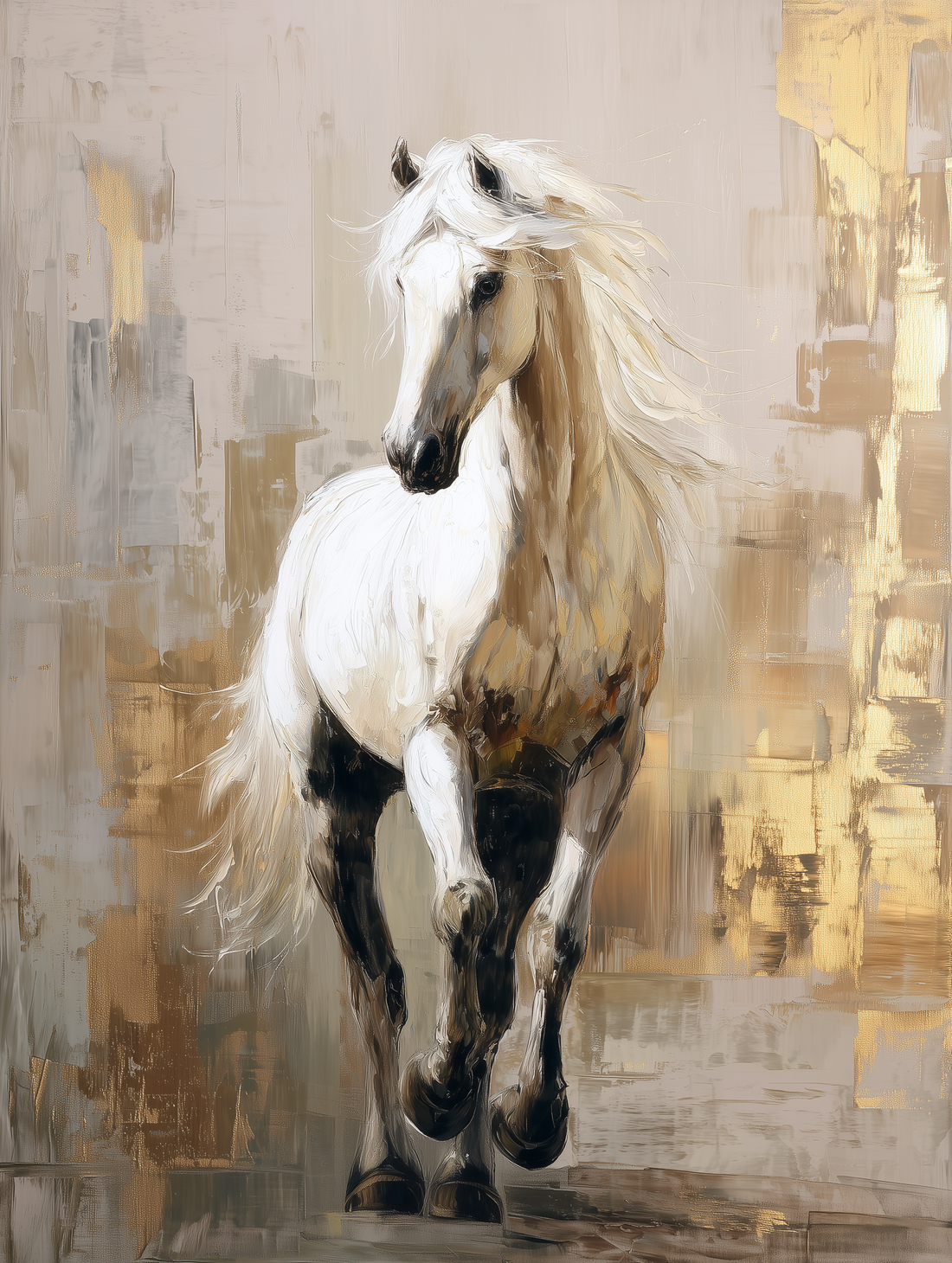 White Horse Canvas Print – Beige and Gold Moose Wall Art
