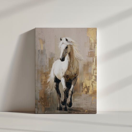 White horse wall art in motion — textured beige and gold painting with a minimalist vibe