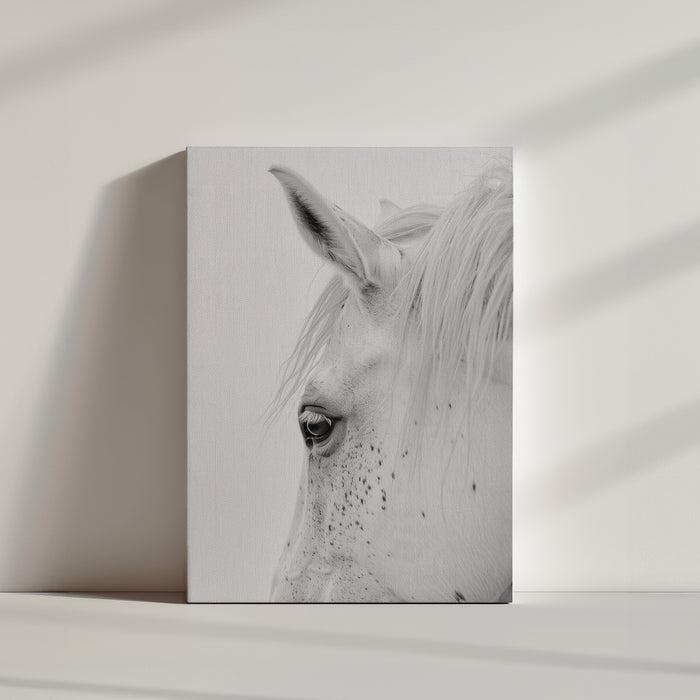 Dappled white horse head canvas print, white background, crisp high‑resolution photo