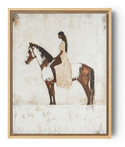Minimalist horse wall art featuring a woman rider, earthy beige tones, contemporary decor