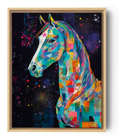 Kunstwerke mit einem Pferd und einem Nachthimmel, geschaffen mit Pop-Art- und Kirigami-Techniken, kühne und lebendige Farben, dynamische Formen und Texturen, ein abstrakter und ausdrucksstarker Stil,