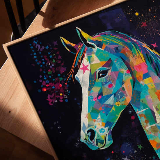 Tableau portrait cheval coloré abstrait pour salon cadre chêne doré