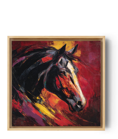 Tableau cheval expressionniste aux couleurs vives rouge jaune noir, coups de pinceau dynamiques