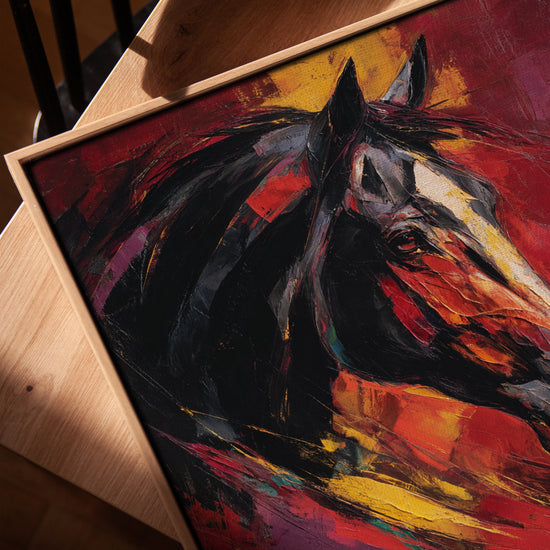 Red, yellow and black abstract horse impasto painting in a golden oak frame on a modern table