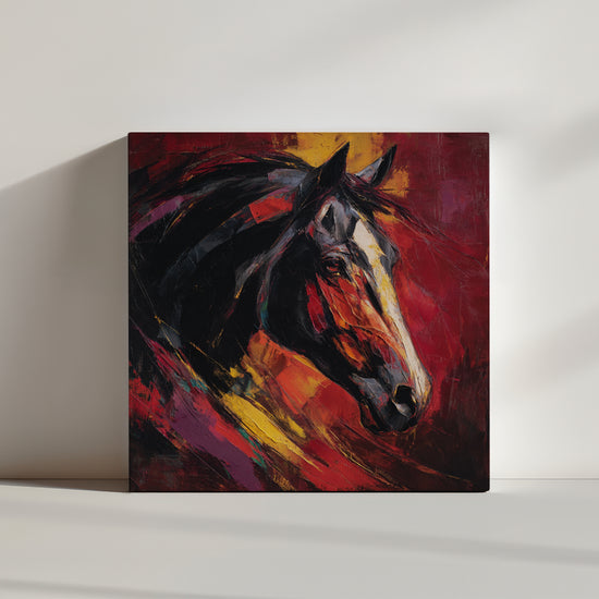 Abstract horse painting in red, yellow and black styled on a minimal white wall setting
