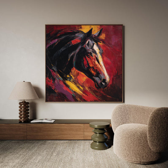 Red, yellow and black abstract horse wall art for modern living room decor