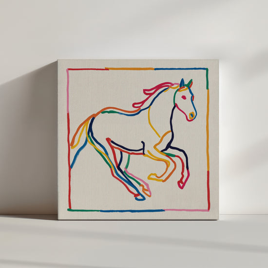 Joyful abstract horse canvas for nursery or kids’ room – light beige background