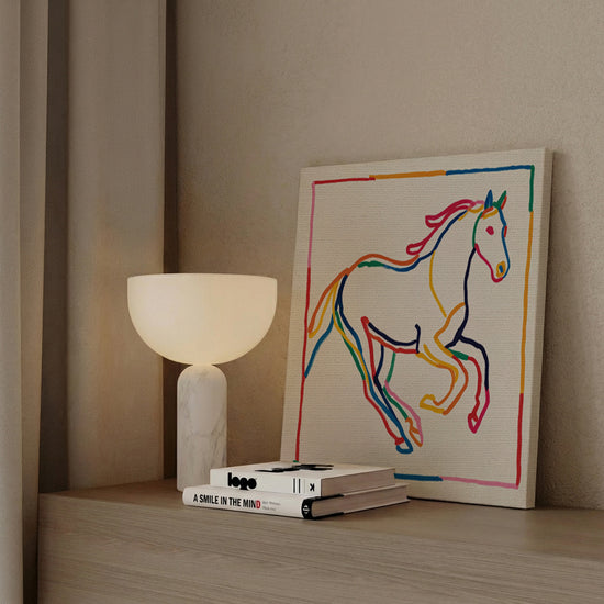 Contemporary sideboard decor – multicolor line art horse canvas with cheerful vibe