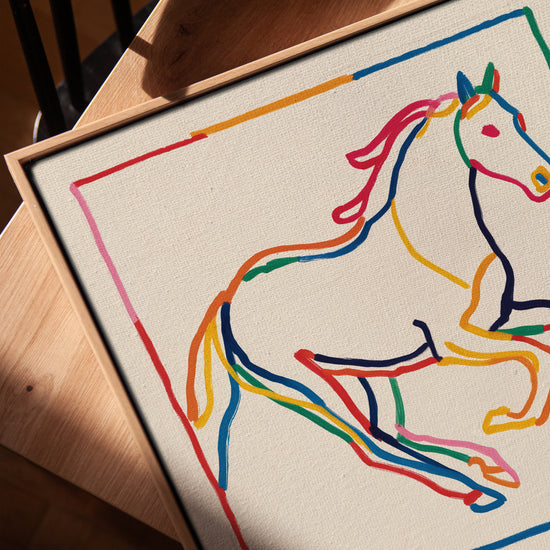 Modern living room wall art – colorful line art horse on canvas