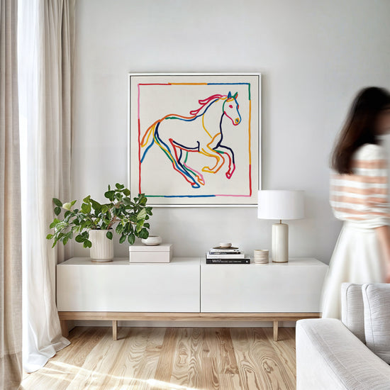 Minimalist office wall decor – stylized horse in colorful intertwined lines on canvas