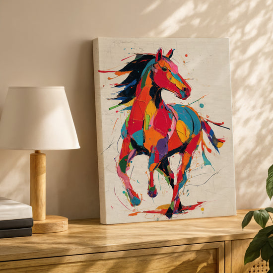 Colorful pop art horse canvas above an oak buffet, dynamic modern living room decor