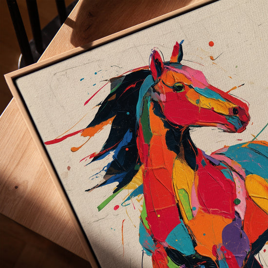 Dynamic colorful pop art horse canvas on a table with a golden oak frame, modern living room decor