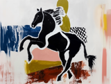Tableau cheval noir et blanc en aplats colorés style contemporain abstrait