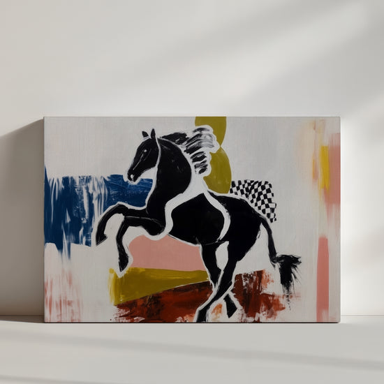 Black horse wall art with colorful abstract shapes, modern living room decor