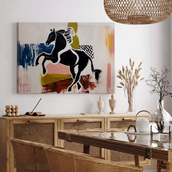 Black horse abstract canvas art, contemporary wall decor for a modern living room