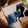Black horse painting with abstract color accents, stylish decor for a modern lounge