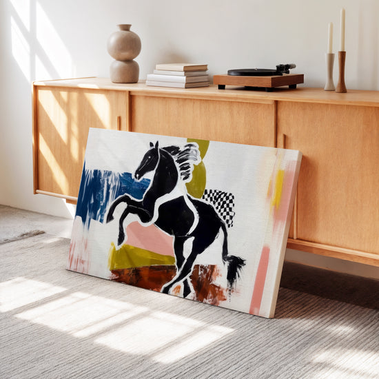 Abstract black horse canvas art with color blocks, retro sideboard wall decor