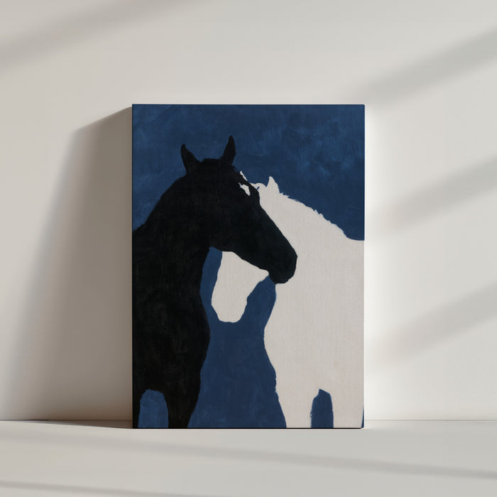 Tableau sur toile cheval noir et blanc fond bleu minimaliste ambiance épurée décoration moderne