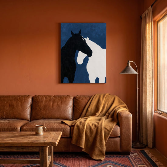 Tableau sur toile cheval noir et blanc fond bleu minimaliste décoration salon moderne