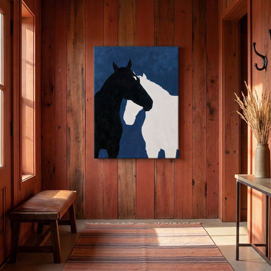 Tableau sur toile cheval noir et blanc fond bleu minimaliste décoration salon moderne