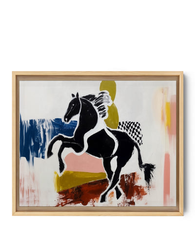 Tableau cheval noir et blanc en aplats colorés style contemporain abstrait