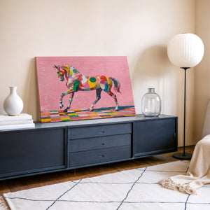 Toile contemporaine cheval multicolore dans salon moderne, ambiance douce et artistique.