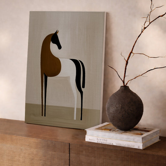 Minimalist beige and black horse canvas in a modern living room above a sideboard