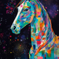 Œuvres d'art mettant en vedette un cheval et un ciel nocturne, créées avec des techniques pop art et kirigami, couleurs audacieuses et vibrantes, des formes et des textures dynamiques un style abstrait et expressif,